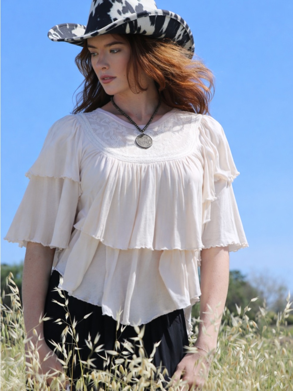 Free People Rose Party Tee – XL – White – Like New Boho Tiered Cream Peasant Top